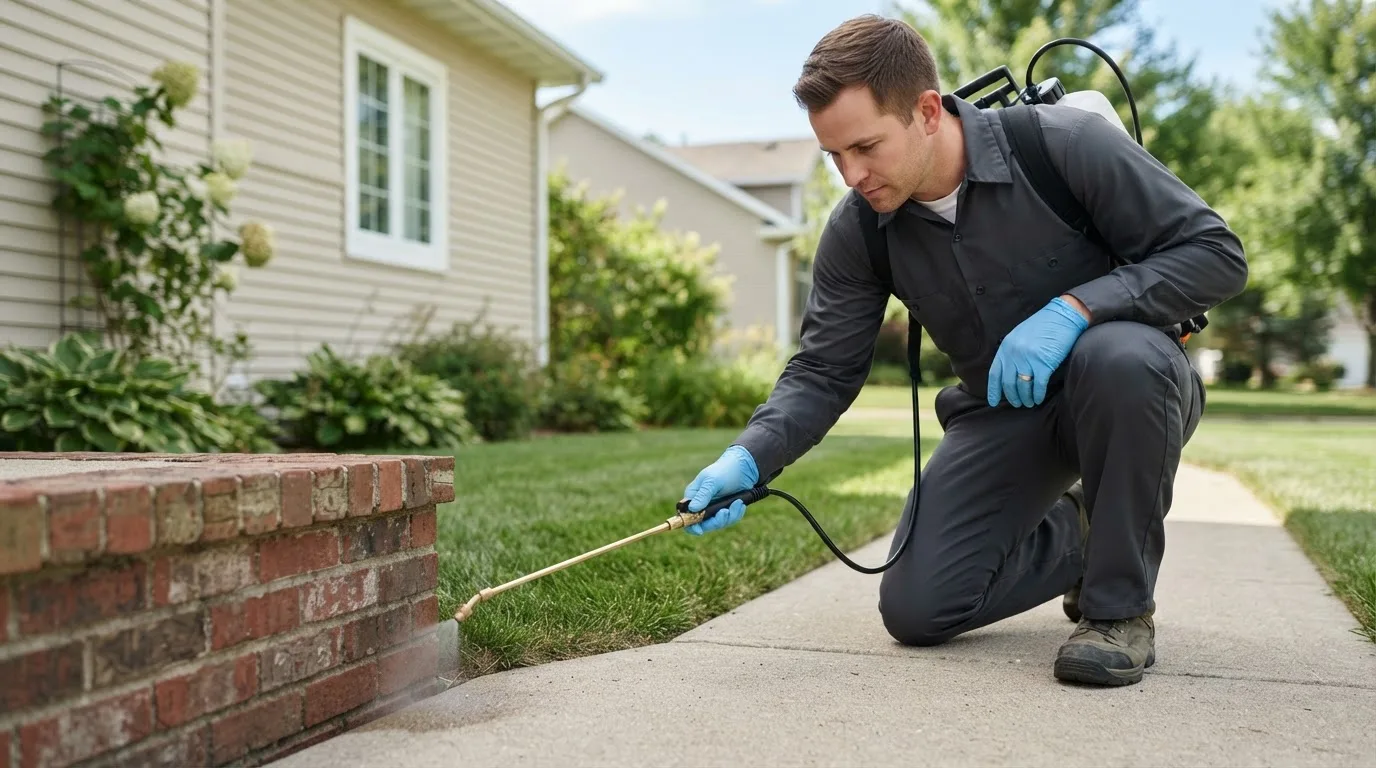 Pest control technician treating a home near Paguate, NM